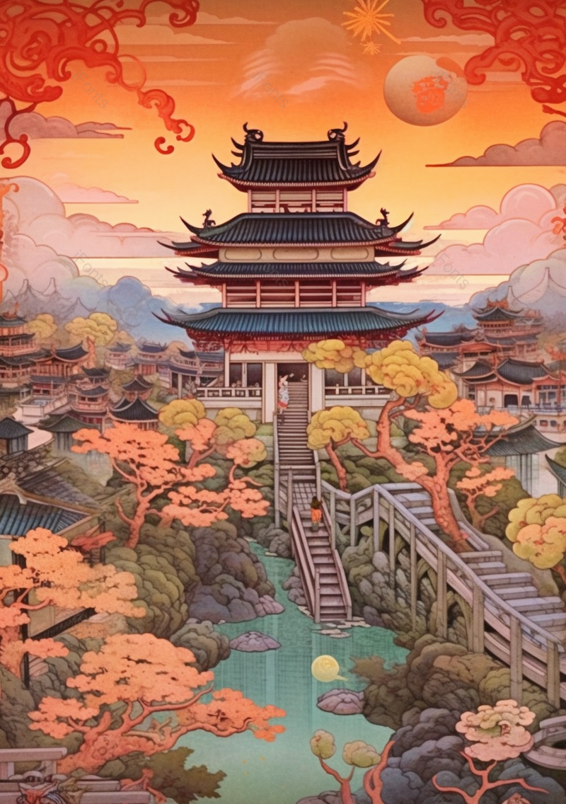 小桥流水下的传统中国风楼阁背景,插画/手绘图,插画/手绘图库,插画/手绘图下载,插画/手绘